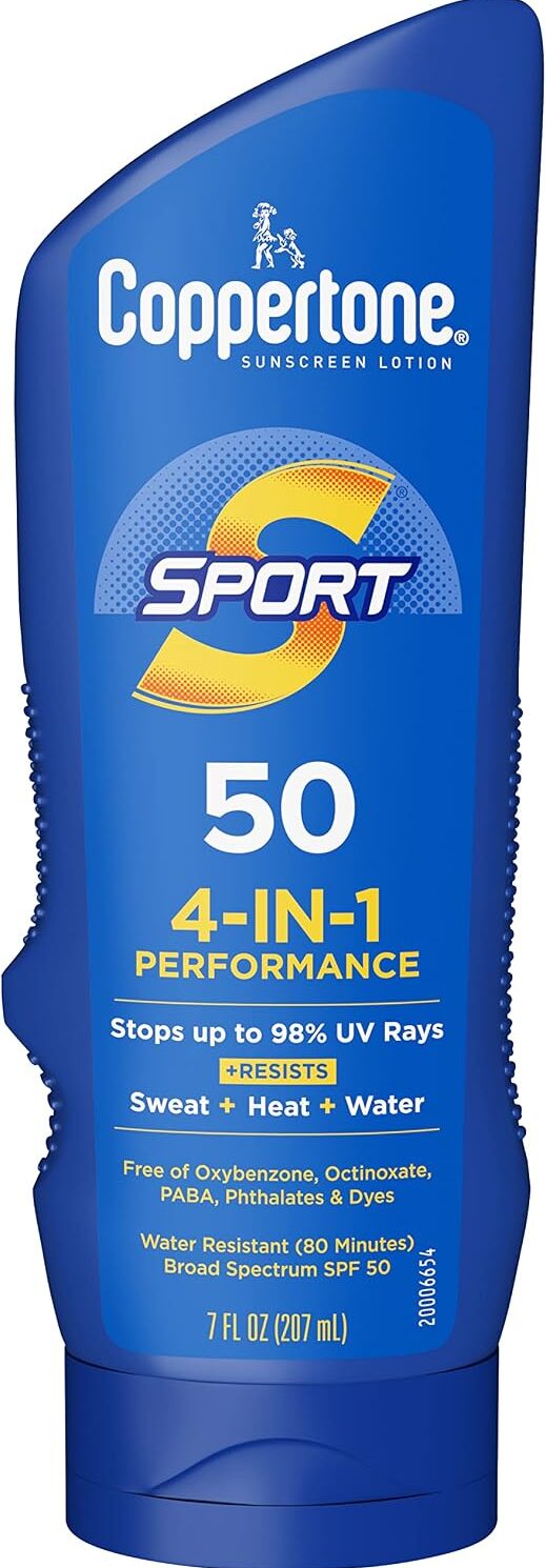 Coppertone SPORT Sunscreen Lotion SPF 50, 7 FL OZ | Sunscreen Lotion with Vitamin E, Sweat, Heat and Water Resistant, PABA, Oxybenzone, Octinoxate, Paraben and Dye Free