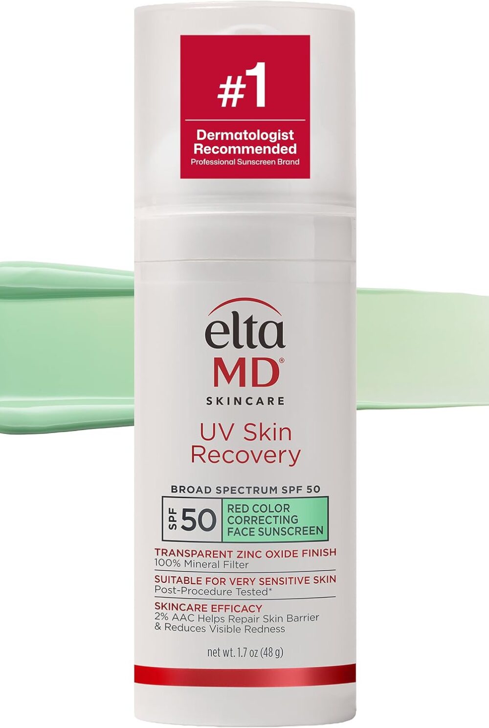 EltaMD UV Skin Recovery 100% Mineral Face Sunscreen, SPF 50 | Red Color Correcting, Safe For Rosacea and Post-Procedure Skin, No White Cast, Zinc Oxide, Dermatologist Recommended